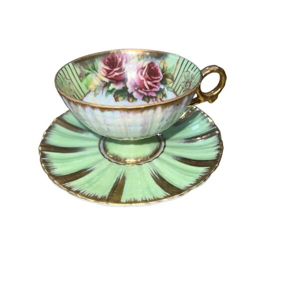 Vintage Royal Sealy Teacup & Saucer Mint Green Gold Iridescent Roses Japan Rare - Picture 6 of 16